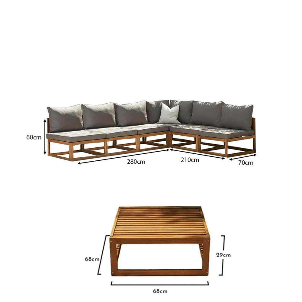 Rowan 6 Seater Wooden Garden Corner Sofa Set with Coffee Table - Natural - Laura James
