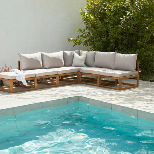 Rowan Natural 6 Seater Wooden Corner Sofa Set with Footstool - Laura James