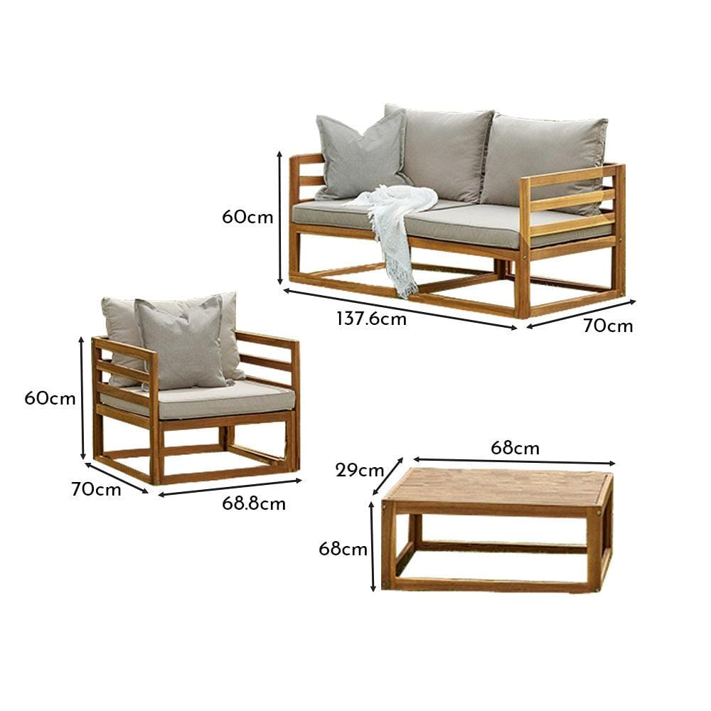 Rowan Wooden Garden Set with 2 Seater Sofa - 2 Armchairs with Coffee Table - Grey - Laura James