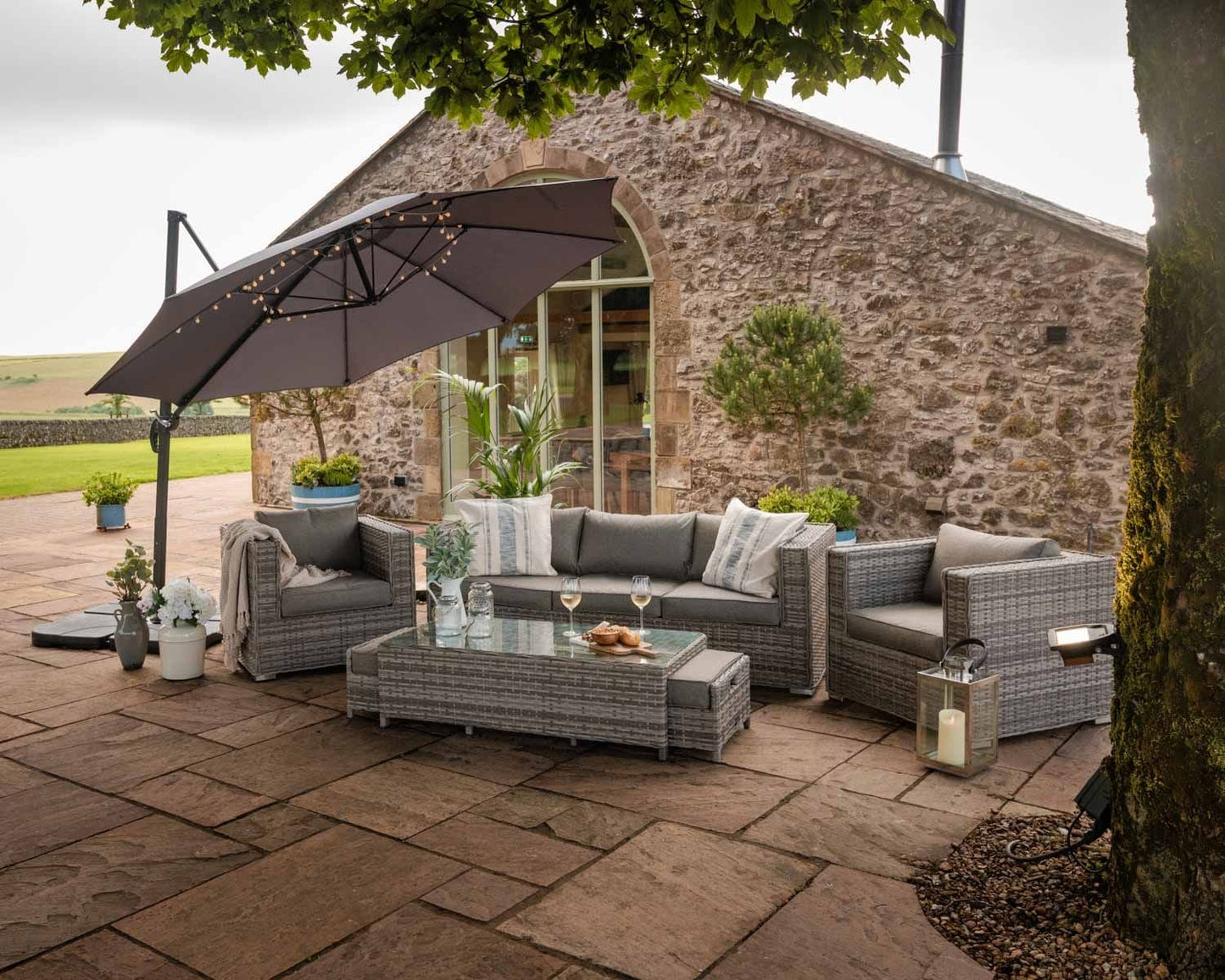 Ascot 3 Seat Sofa and Coffee Table with Footstools in Double Flat Grey
