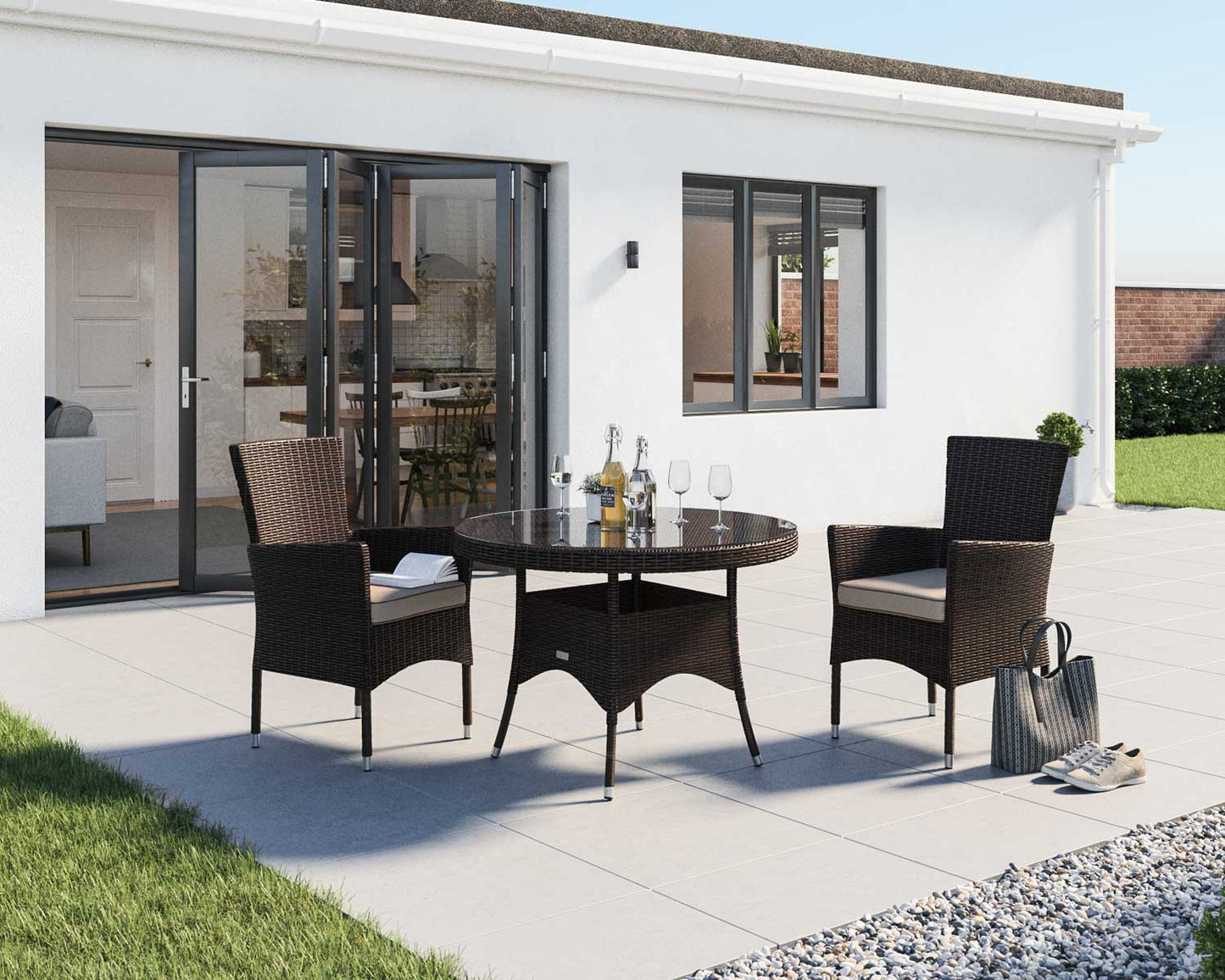 Cambridge 2 Rattan Garden Chairs and Small Round Dining Table Set in Chocolate and Cream