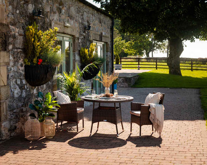 Cambridge 2 Rattan Garden Chairs and Small Round Dining Table Set in Chocolate and Cream