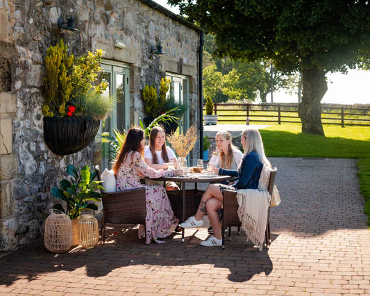 Cambridge 4 Rattan Garden Chairs and Small Round Dining Table Set in Chocolate and Cream