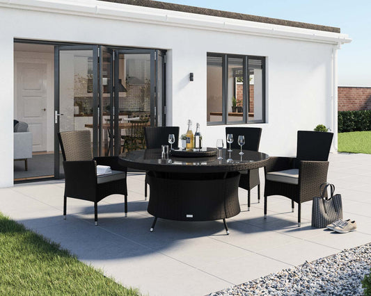 Cambridge 4 Rattan Garden Chairs and Large Round Dining Table Set in Black and Vanilla