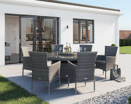 Cambridge 6 Rattan Chairs and Large Round Dining Table Set in Grey