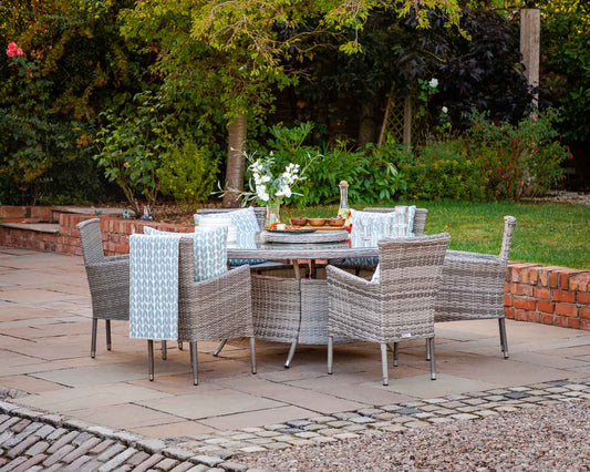 Cambridge 6 Rattan Chairs and Large Round Dining Table Set in Grey