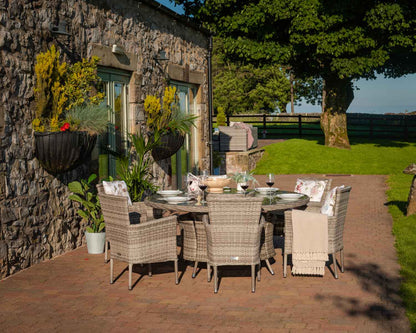 Cambridge 6 Rattan Chairs and Large Round Dining Table Set in Grey