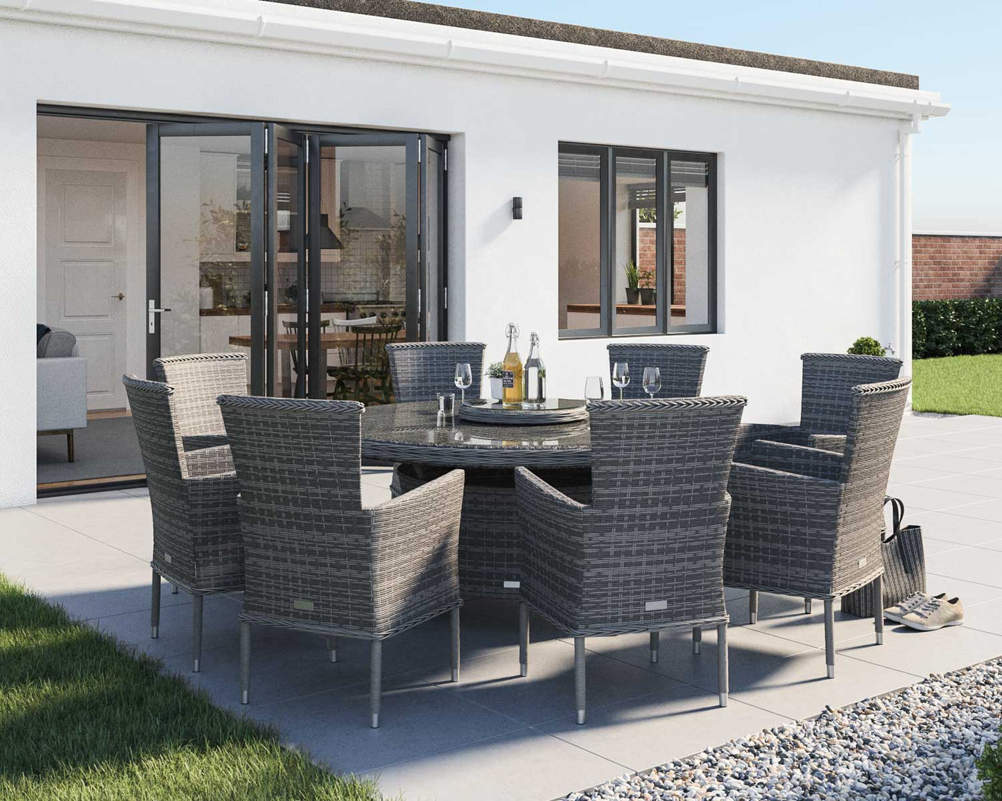 Cambridge 8 Rattan Chairs and Large Round Dining Table Set in Grey