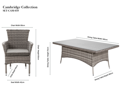 Cambridge 6 Rattan Chairs and Small Rectangular Dining Table Set in Grey