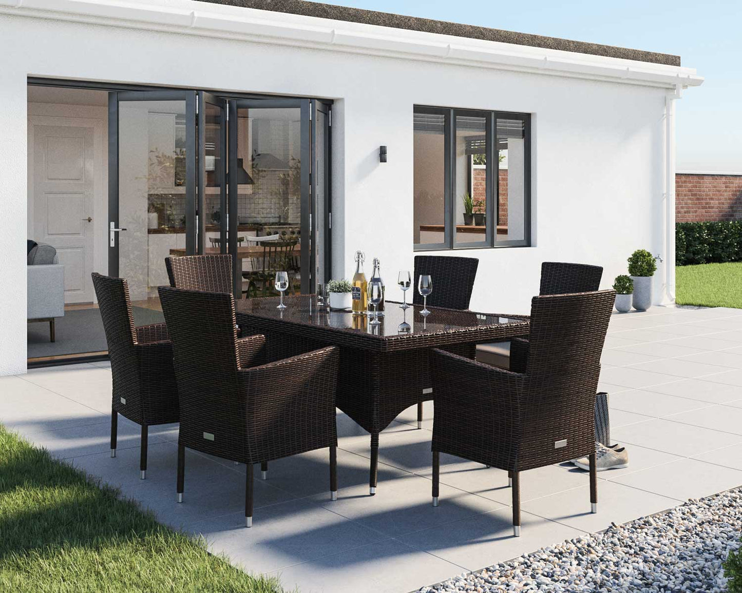 Cambridge 6 Rattan Garden Chairs and Small Rectangular Dining Table Set in Chocolate and Cream