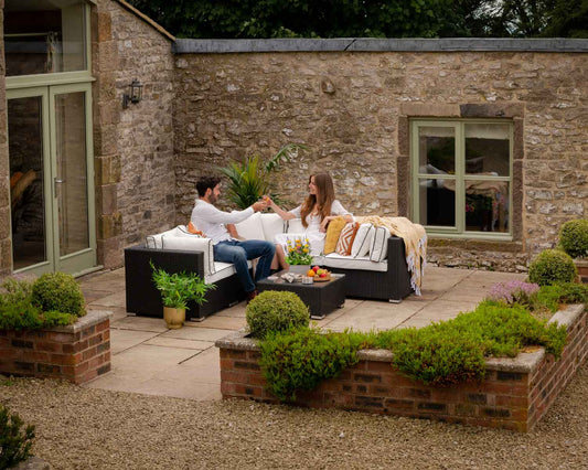 Florida 6 Piece Rattan Garden Corner Sofa Set in Black and Vanilla