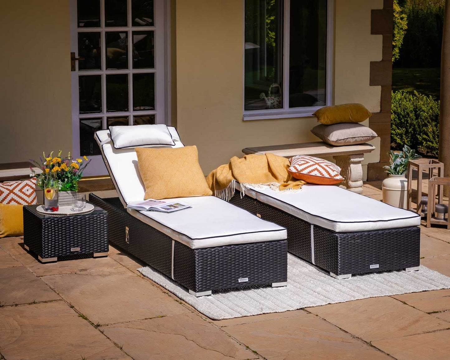 Miami Sunlounger x 2 + Small Square Side Table x 1 in Black and Vanilla