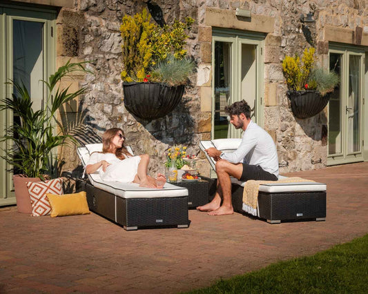 Miami Sunlounger x 2 + Small Square Side Table x 1 in Black and Vanilla