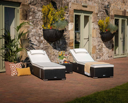 Miami Sunlounger x 2 + Small Square Side Table x 1 in Black and Vanilla