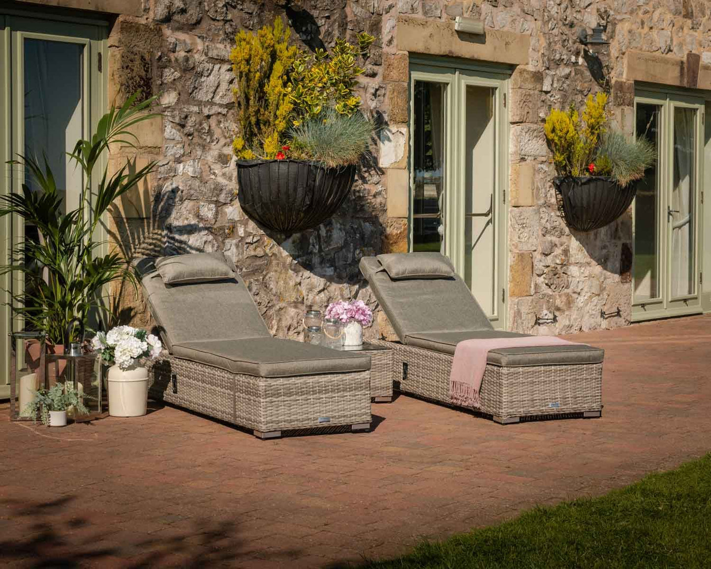 Miami Sunlounger x 2 + Small Square Side Table x 1 in Double Flat Grey