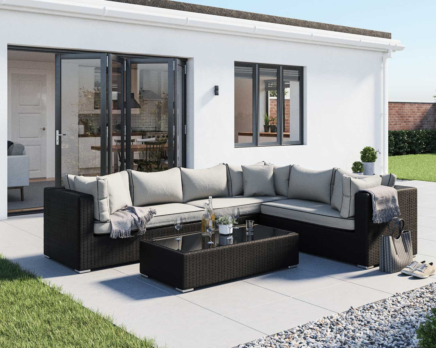 Monaco Rattan Garden Lefthand Corner Sofa Set in Black and Vanilla