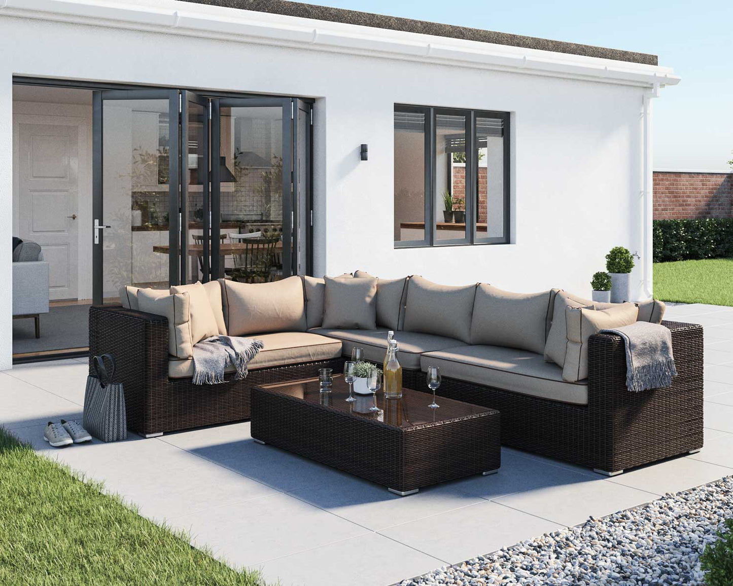 Monaco Rattan Garden Righthand Corner Sofa Set in Chocolate and Cream
