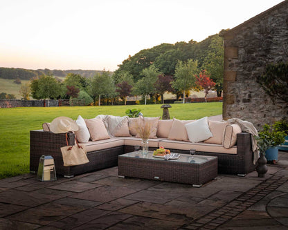 Monaco Rattan Garden Righthand Corner Sofa Set in Chocolate and Cream