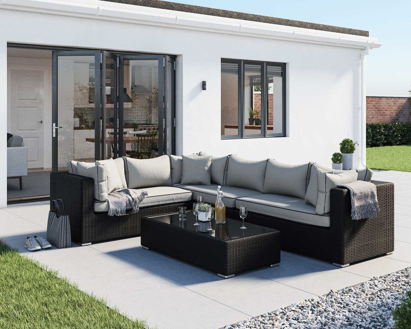 Monaco Rattan Garden Righthand Corner Sofa Set in Black and Vanilla
