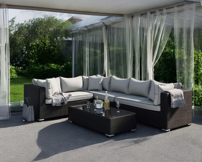 Monaco Rattan Garden Righthand Corner Sofa Set in Black and Vanilla