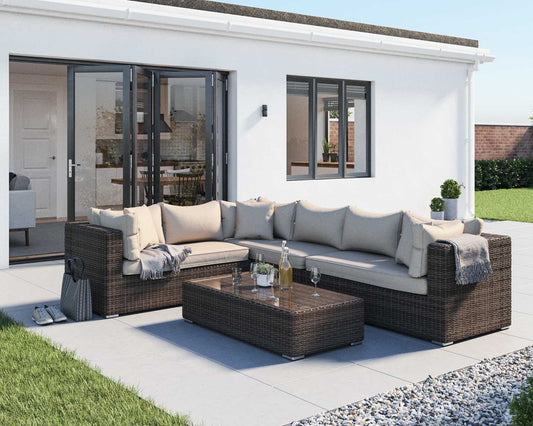 Monaco Rattan Garden Righthand Corner Sofa Set in Premium Truffle Brown and Champagne