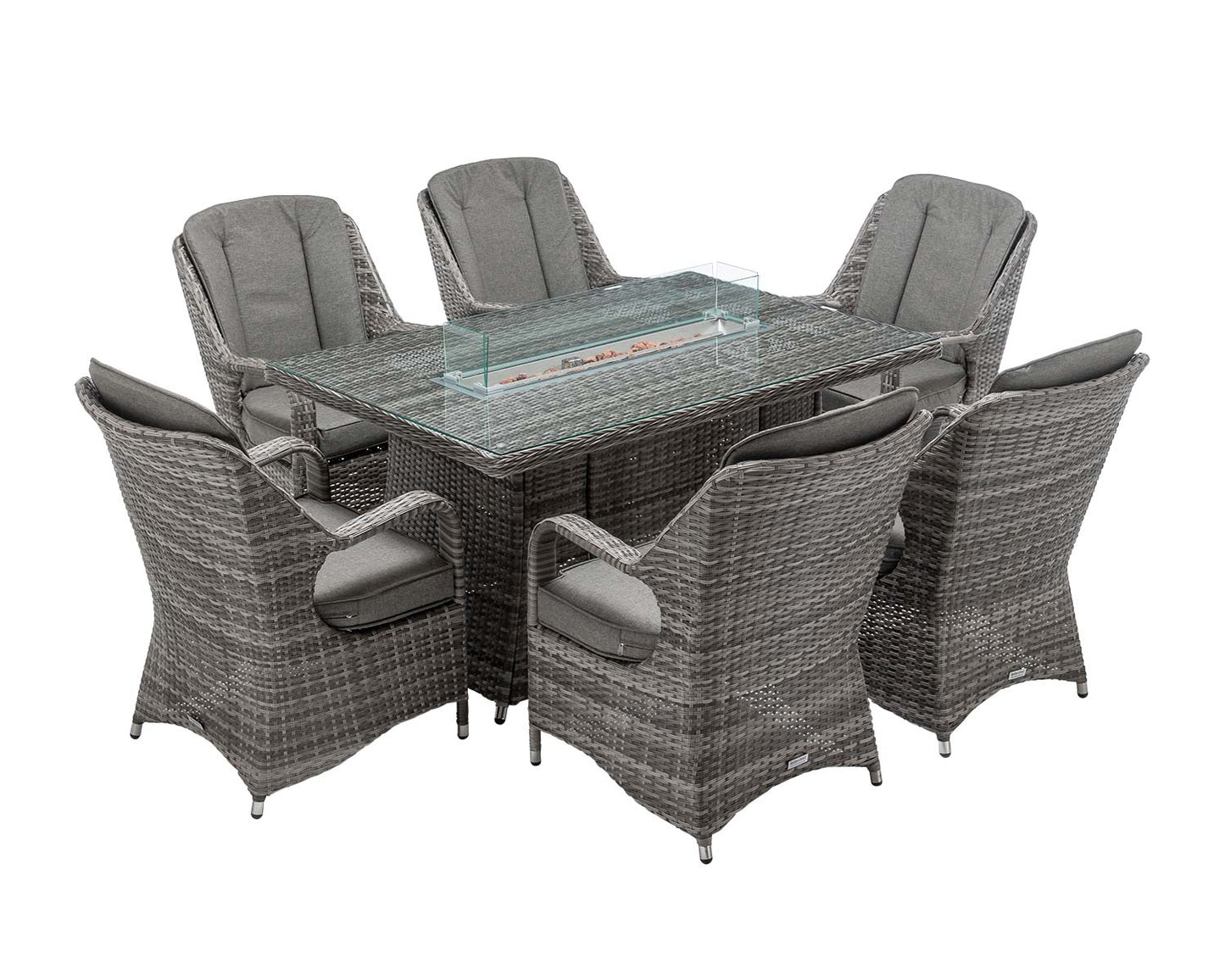 Marseille 6 Rattan Garden Chairs and Rectangular Fire Pit Dining Table in Grey