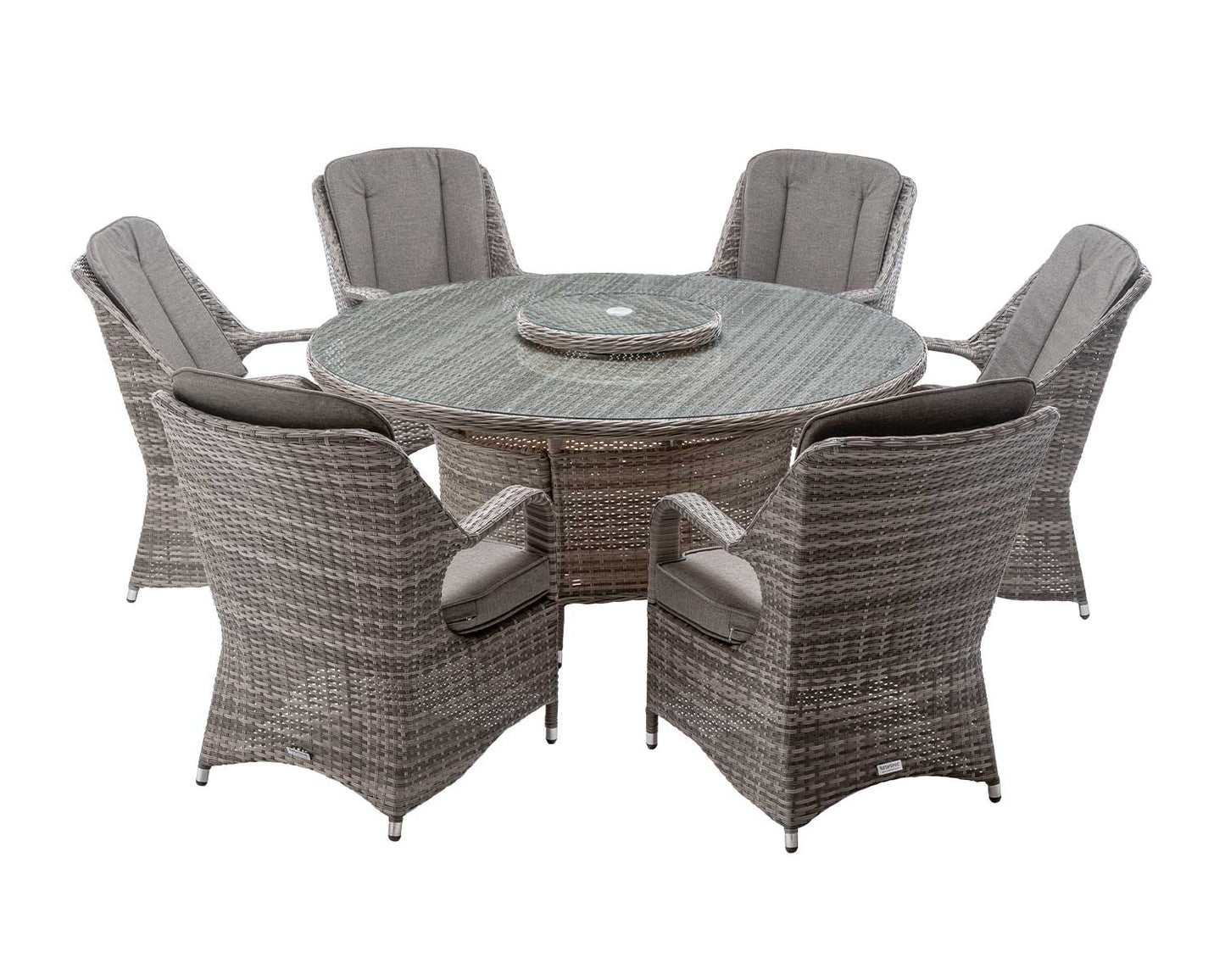 Marseille 6 Rattan Garden Dining Chairs and Large Round Table with Lazy Susan in Grey