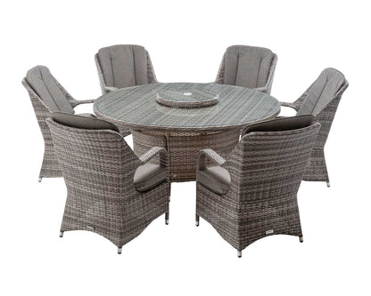 Marseille 6 Rattan Garden Dining Chairs and Large Round Table with Lazy Susan in Grey