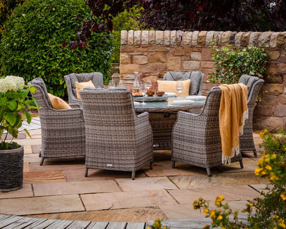 Riviera 6 Rattan Garden Dining Chairs and Large Round Table Set in Grey