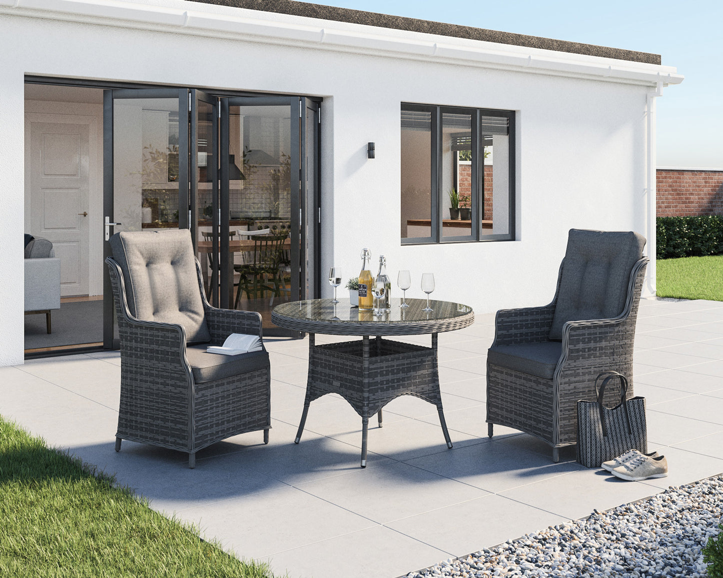 Riviera 2 Rattan Garden Chairs and Small Round Dining Table in Grey