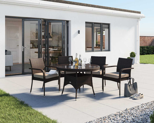 Roma 4 Rattan Garden Chairs and Small Round Dining Table Set in Chocolate and Cream