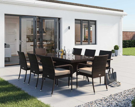 Roma 8 Rattan Garden Chairs and Rectangular Dining Table Set in Chocolate and Cream