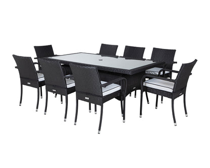 Roma 8 Rattan Garden Chairs and Rectangular Dining Table Set in Black and Vanilla