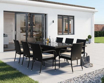 Roma 8 Rattan Garden Chairs and Rectangular Dining Table Set in Black and Vanilla