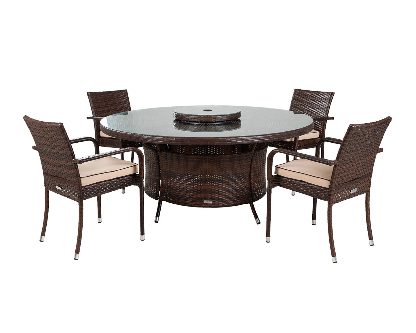 Roma 4 Rattan Garden Chairs, Large Round Table and Lazy Susan Set in Chocolate and Cream