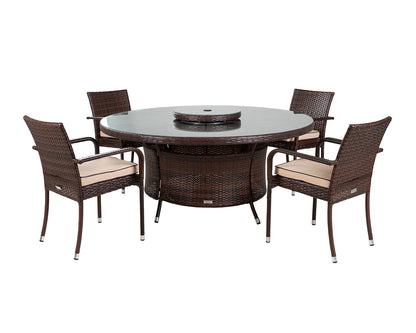 Roma 4 Rattan Garden Chairs, Large Round Table and Lazy Susan Set in Chocolate and Cream