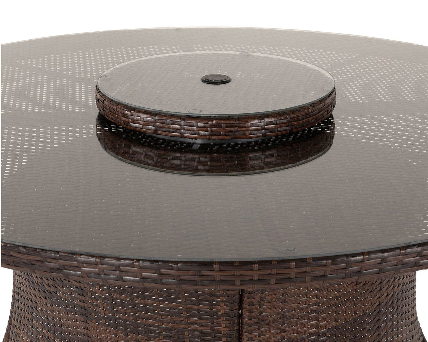 Roma 6 Rattan Garden Chairs, Large Round Dining Table and Lazy Susan Set in Chocolate and Cream