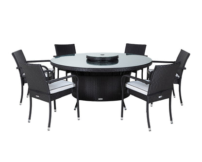 Roma 6 Rattan Garden Chairs, Large Round Table and Lazy Susan Set in Black and Vanilla