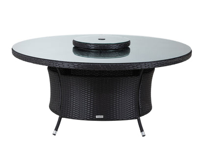 Roma 6 Rattan Garden Chairs, Large Round Table and Lazy Susan Set in Black and Vanilla