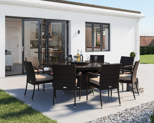 Roma 8 Rattan Garden Chairs, Large Round Dining Table and Lazy Susan Set in Chocolate and Cream