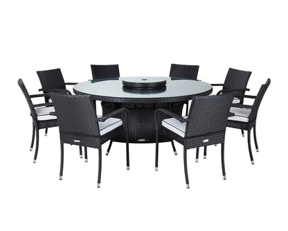 Roma 8 Rattan Garden Chairs, Large Round Dining Table and Lazy Susan Set in Black and Vanilla