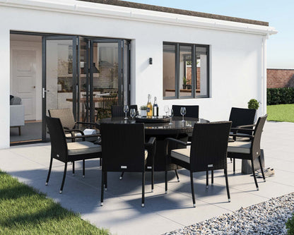 Roma 8 Rattan Garden Chairs, Large Round Dining Table and Lazy Susan Set in Black and Vanilla