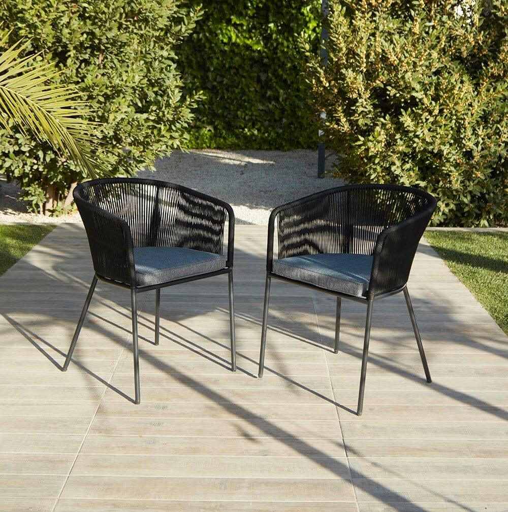 Shiro 6 seater wooden garden dining table with 6 Hali black rope chairs - Laura James