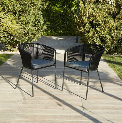Shiro 6 seater wooden garden dining table with 6 Hali black rope chairs - Laura James