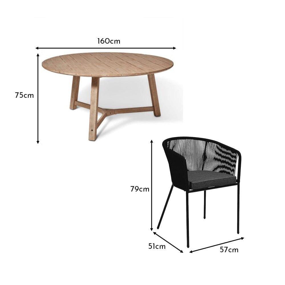 Shiro 6 seater wooden garden dining table with 6 Hali black rope chairs - Laura James