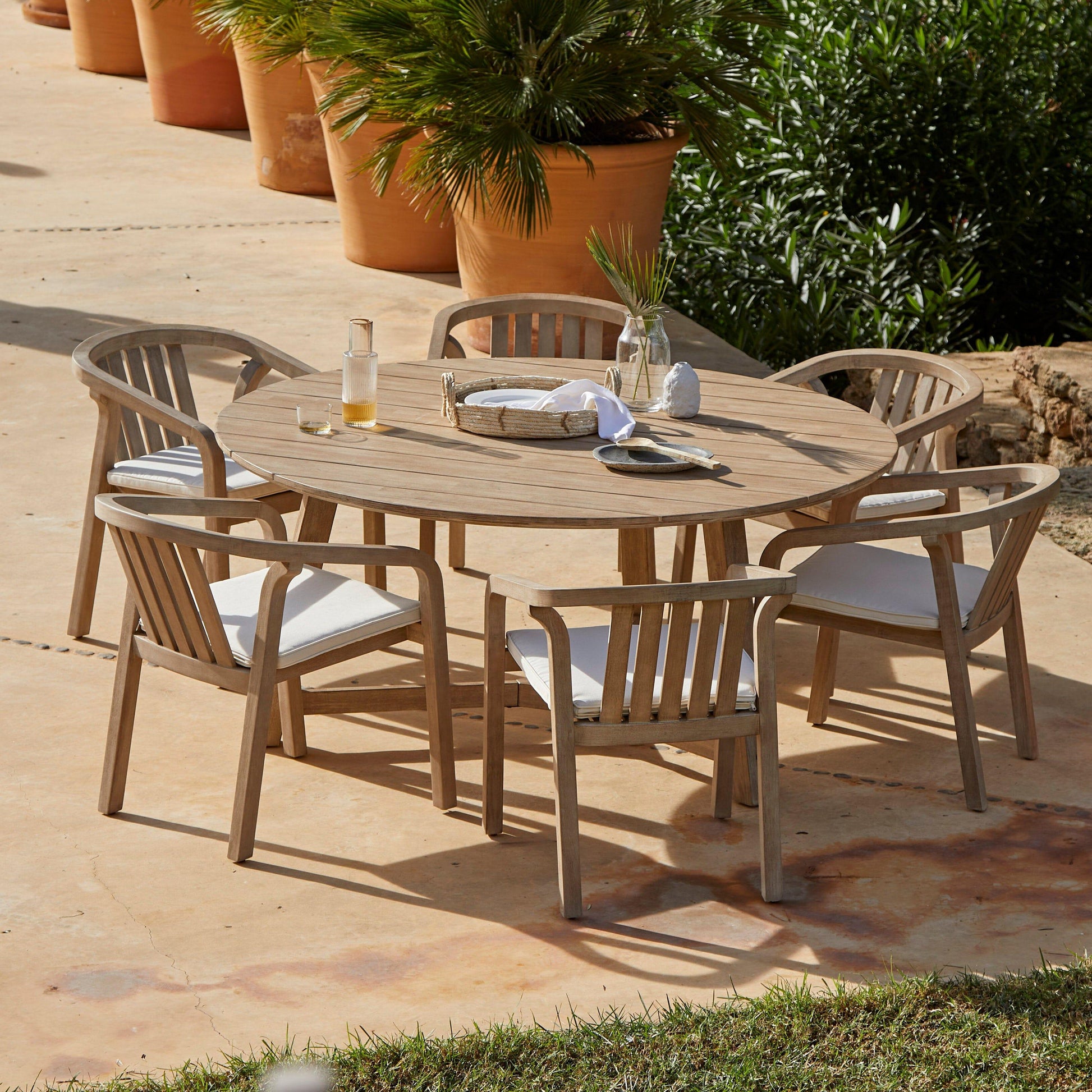 Shiro 6 Seater Wooden Round Garden Dining Table with 6 Shiro chairs - 160cm - Laura James