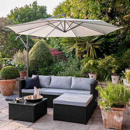 4 Seater Rattan Corner Sofa Set with Lean Over Parasol and Base - Black Weave - Laura James