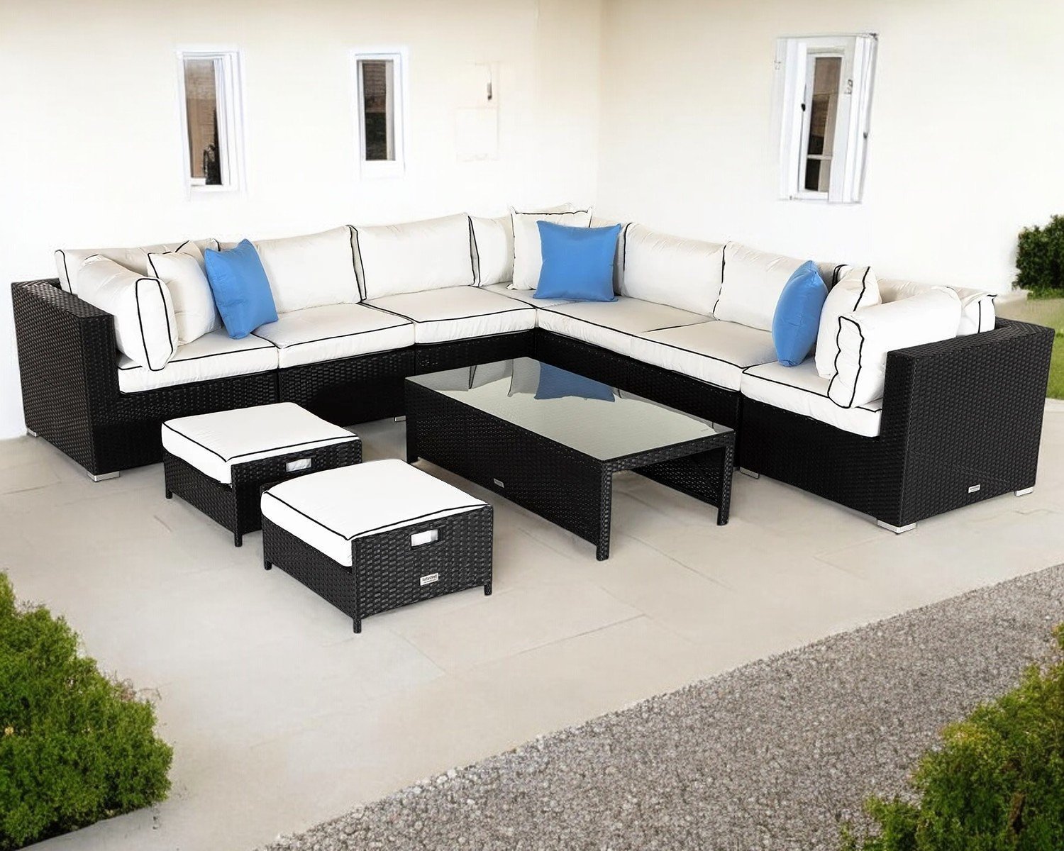 10 Piece Rattan Garden Corner Sofa Set In Black White Geneva Rattan Direct