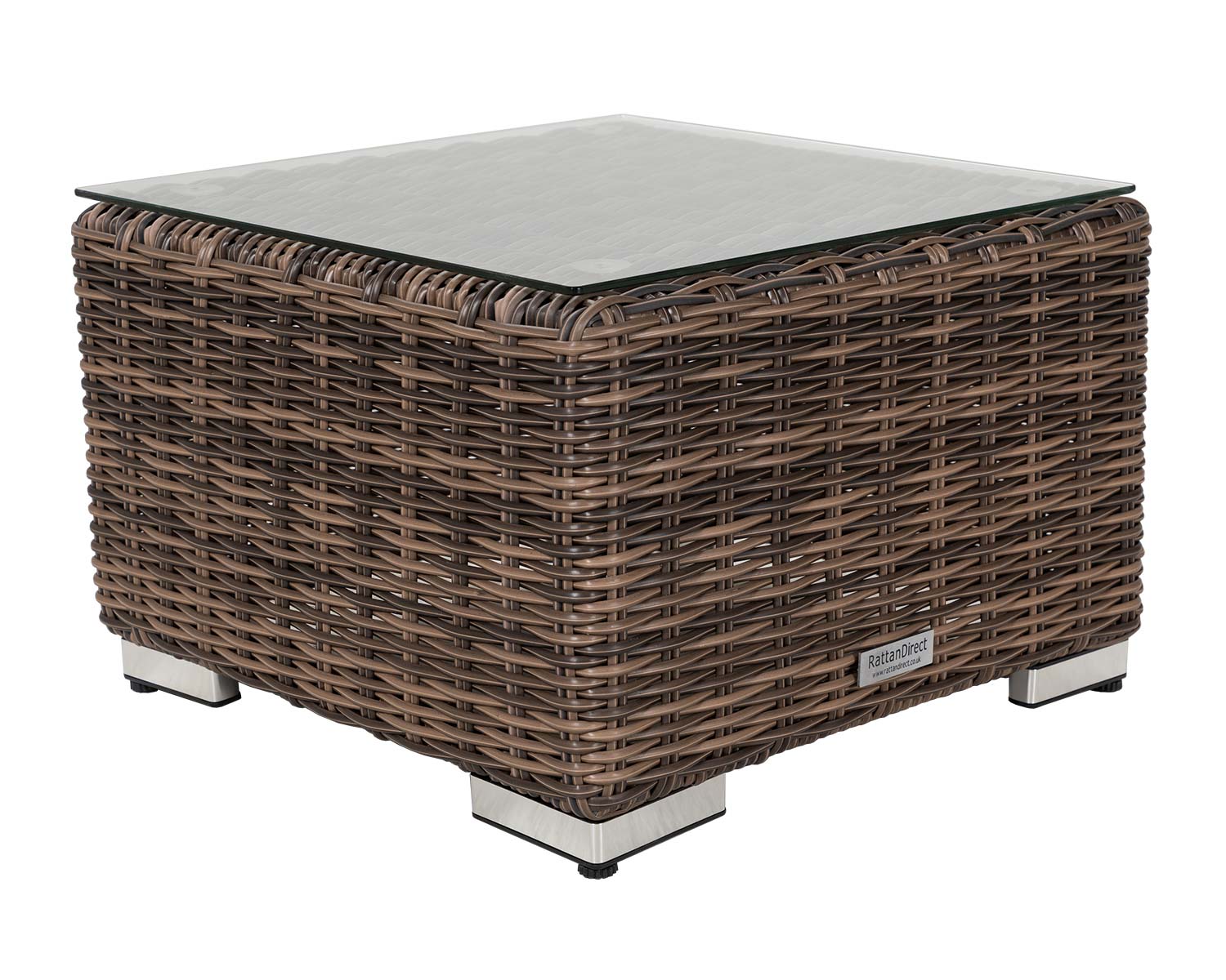 Product photograph of Small Square Rattan Garden Side Table In Truffle Brown With Glass Top - Rattan Direct from Rattan Direct