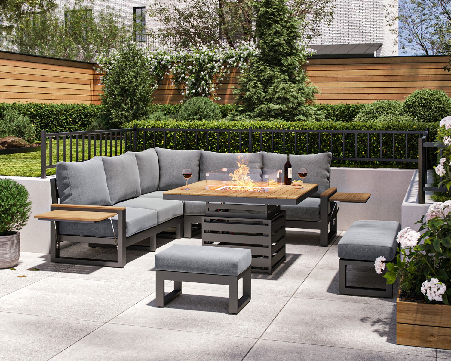Product photograph of Aluminium Teak Garden Corner Sofa Set With Adjustable Fire Pit Table - Sequoyah - Rattan Direct from Rattan Direct